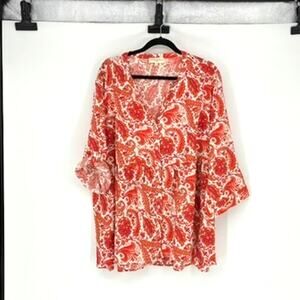 Cynthia Rowley Linen Blend Orange & Cream Paisley High Waist Tunic - Plus 3X
